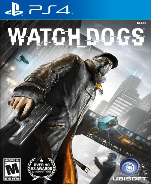 Portada de Watch Dogs para PS4, mostrando a Aiden Pearce con su teléfono en mano y la ciudad de Chicago de fondo.