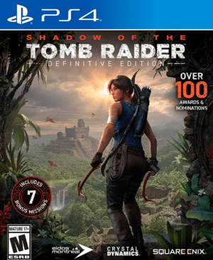 Portada de Tomb Raider: Definitive Edition para PS4, mostrando a Lara Croft con su arco en un entorno selvático.