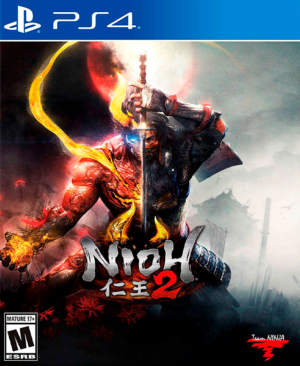 Carátula de Nioh 2 mostrando al protagonista empuñando una espada con un fondo de llamas y demonios.