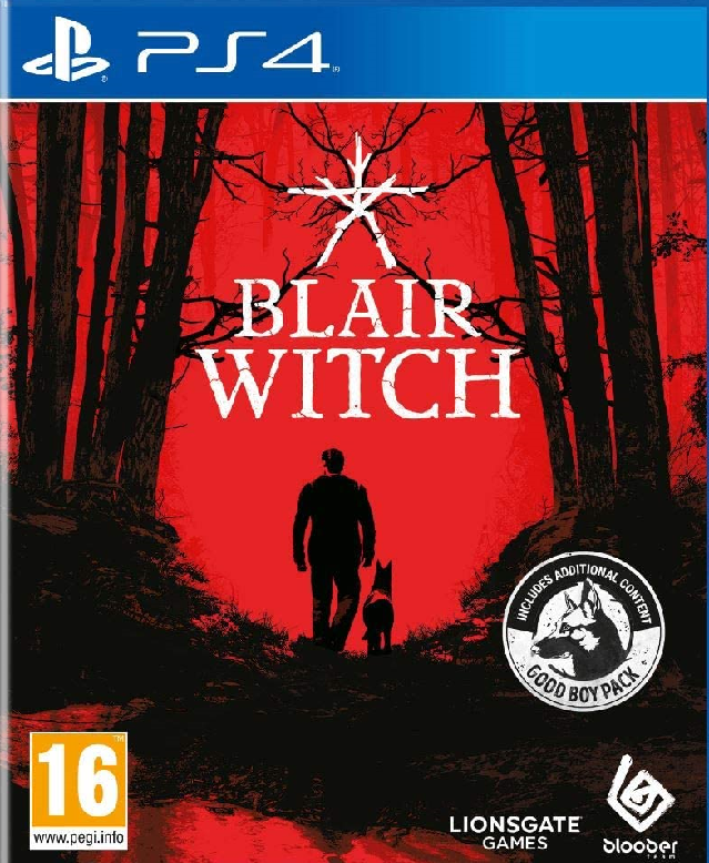 Portada del juego Blair Witch para PS4, mostrando a un hombre y su perro en un bosque oscuro