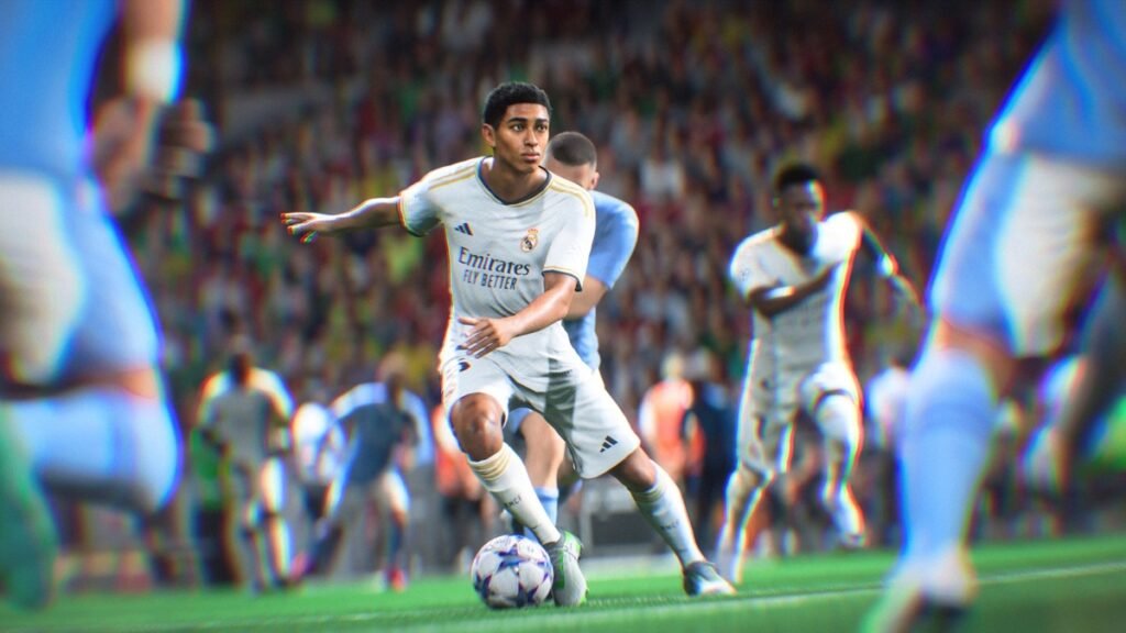 Partido de fútbol en EA SPORTS FC 24 para PlayStation 5 con estadios y animaciones realistas.