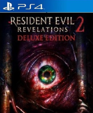 Portada de Resident Evil Revelations 2 Deluxe Edition para PS4, mostrando a los personajes principales en un ambiente oscuro y aterrador.