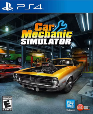Portada de Car Mechanic Simulator para PS4, mostrando un taller mecánico con un vehículo en reparación.