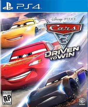 Portada de Cars 3: Driven to Win para PS4, mostrando a Lightning McQueen y otros personajes en plena carrera.