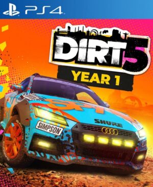Portada de DIRT 5 Year One Edition para PS4 y PS5, mostrando un vehículo todoterreno en plena acción sobre un terreno desafiante.
