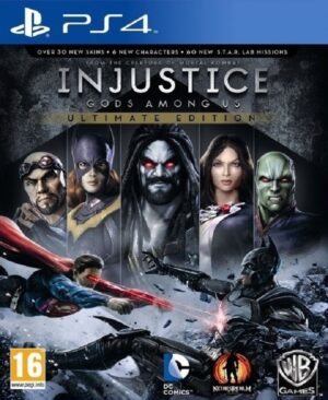 Portada de Injustice: Gods Among Us Ultimate Edition para PS4, mostrando a los principales héroes y villanos de DC en acción.