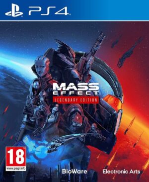 Portada de Mass Effect Legendary Edition para PS4 y PS5, mostrando al Comandante Shepard y otros personajes clave de la trilogía.