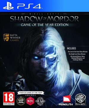 Portada de Middle-earth: Shadow of Mordor – Game of the Year Edition para PS4, mostrando a Talion empuñando su espada en un paisaje sombrío de Mordor.
