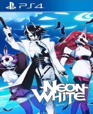 Captura de pantalla de Neon White en PS4 mostrando al personaje White realizando un dash con una tarjeta de alma en un nivel de plataformas de alta velocidad en el cielo.