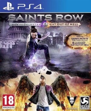 Portada de Saints Row IV: Re-Elected para PS4, mostrando al protagonista con superpoderes en Steelport.