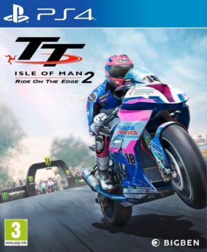 Portada de TT Isle of Man: Ride on the Edge 2 para PS4, mostrando una motocicleta en plena acción en el circuito de Snaefell Mountain