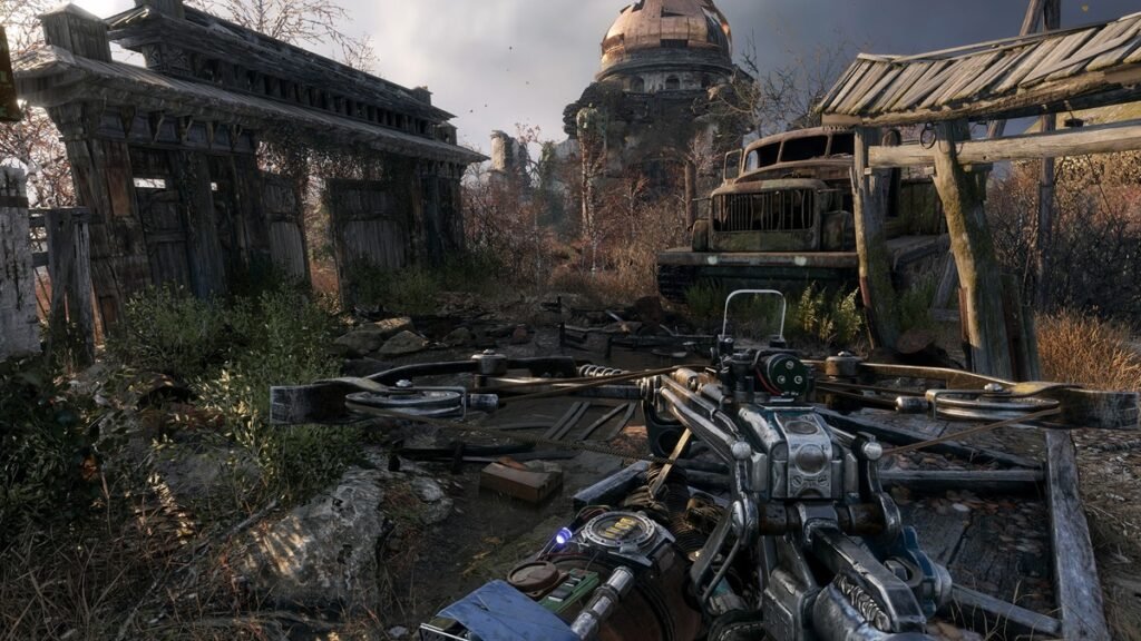 Artyom en Metro Exodus explorando una Rusia devastada por una guerra nuclear.