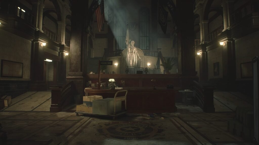 Claire Redfield en Resident Evil 2 Remake PS5 explorando una ciudad devastada por zombis