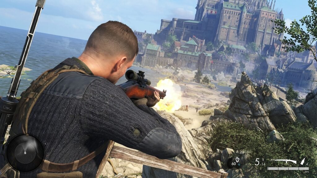 Gameplay de Sniper Elite 5 en PS5 con disparos de precisión y combate táctico