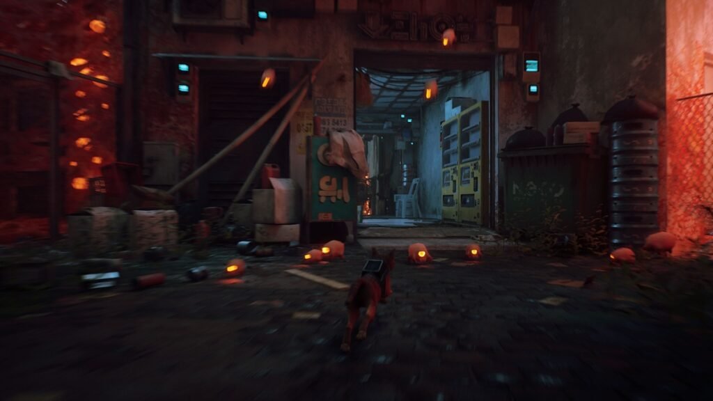 Gato protagonista y dron B-12 en Stray para PlayStation 5.