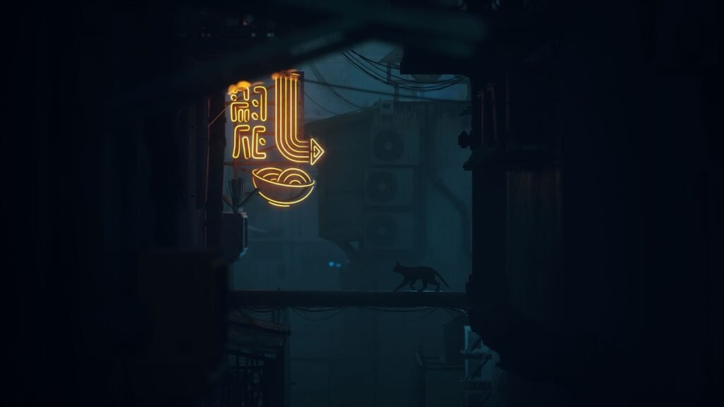 Gato protagonista de Stray PS5 explorando una ciudad ciberpunk para PlayStation 5.