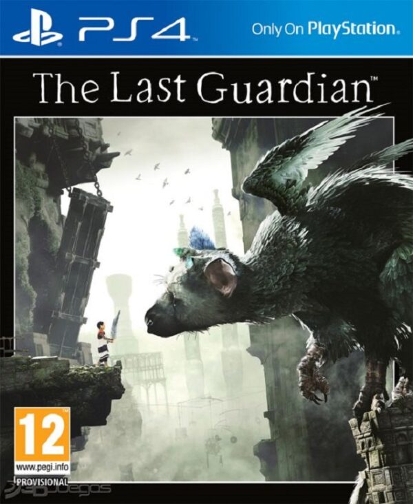 Portada del juego The Last Guardian para PS4, con el joven protagonista sentado sobre la cabeza de la criatura Trico.