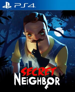 Portada de Secret Neighbor para PS4 y PS5 mostrando a los personajes principales frente a la misteriosa casa del vecino.