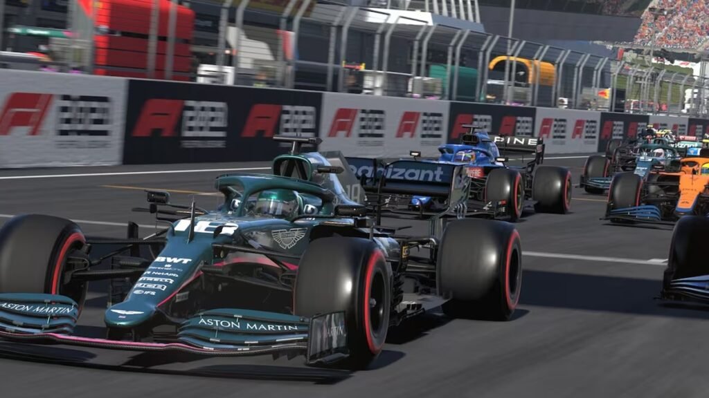 Gameplay de F1 2021 PS5 con monoplazas compitiendo en un circuito de Fórmula 1.