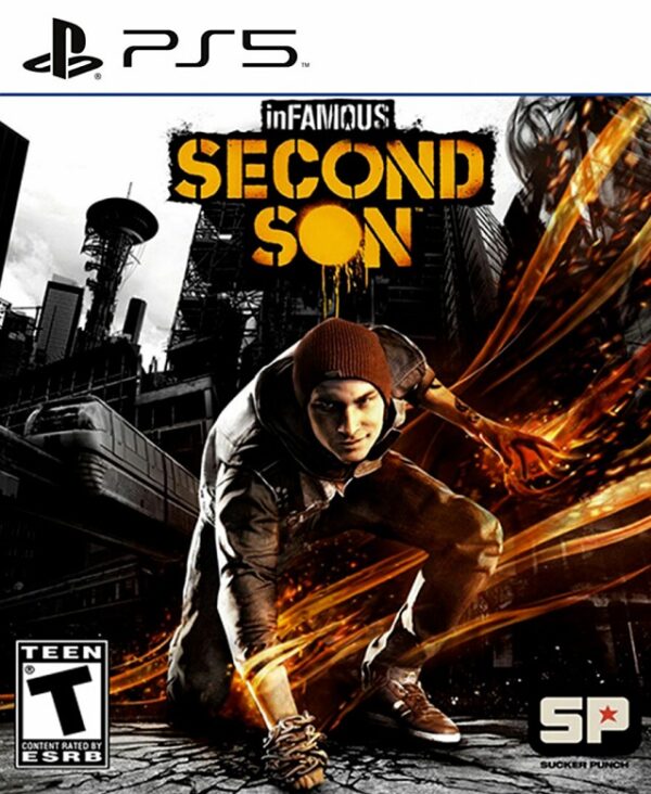 Portada de inFAMOUS: Second Son para PS5, mostrando al protagonista Delsin Rowe con poderes sobrenaturales.