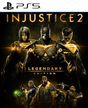 Portada de Injustice 2 Legendary Edition para PS5 con Batman, Superman y otros héroes en combate