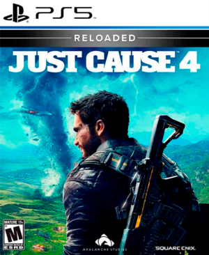 Portada de Just Cause 4 Reloaded para PS5 con Rico, un tornado y helicópteros en plena batalla