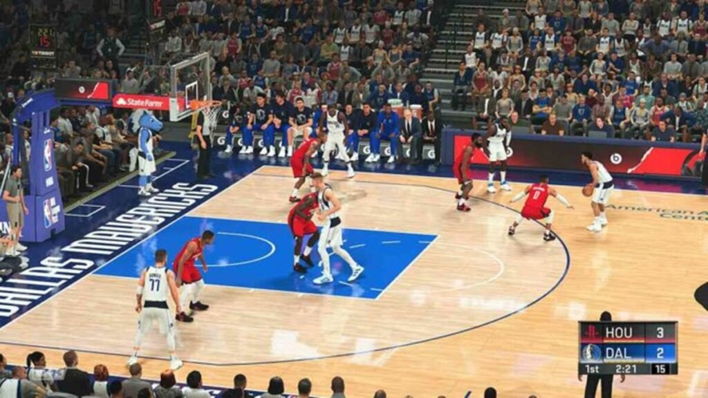 Gameplay de NBA 2K23 en PlayStation 5 con jugadores profesionales de la NBA, tiros al aro y jugadas de básquetbol realistas.