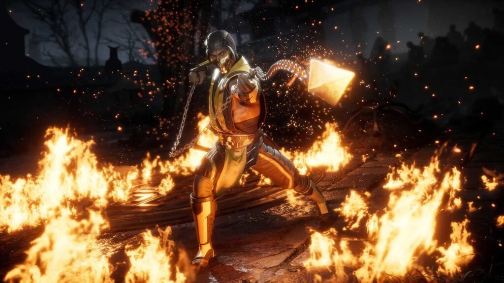Scorpion y Sub-Zero en Mortal Kombat 11 para PlayStation, juego de peleas con movimientos especiales y Fatalities.