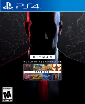 Portada de HITMAN: World of Assassination Part One para PS4 y PS5, mostrando al Agente 47 en acción.