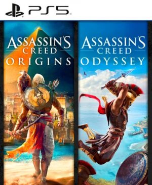 Portada del Assassin’s Creed Antiquity Pack mostrando a Bayek y Kassandra en escenarios históricos.