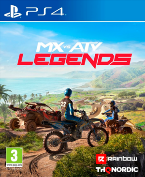 Portada de MX vs ATV Legends para PS4 y PS5 mostrando motocicletas y vehículos todoterreno en plena acción.