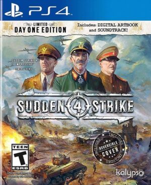 Portada de Sudden Strike 4 para PS4 mostrando escenas de batallas de la Segunda Guerra Mundial.
