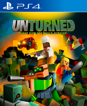 Portada de Unturned para PS4 mostrando un paisaje postapocalíptico con zombis y supervivientes armados​