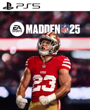 Jugadores de fútbol americano corriendo con el balón en un estadio en el juego Madden NFL 25 para PS5.