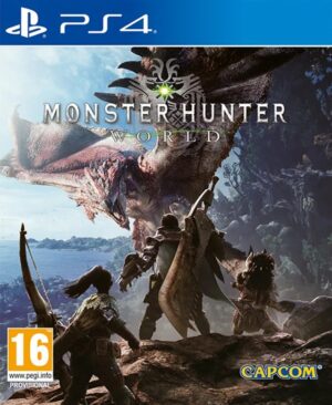 Imagen del juego Monster Hunter World para PS4 mostrando a un cazador preparándose para la batalla contra un gran monstruo.