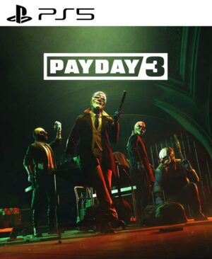 Cuatro personajes con máscaras de payaso armados, posando en la portada del juego PAYDAY 3 para PS5.