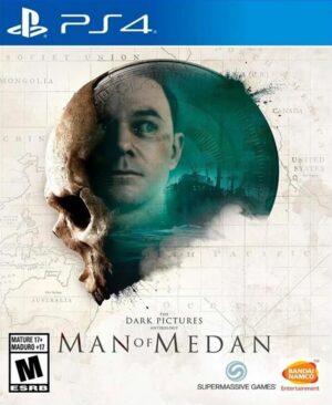 Portada del juego Man of Medan para PS4, mostrando a los personajes en un barco fantasma en medio de la tormenta.