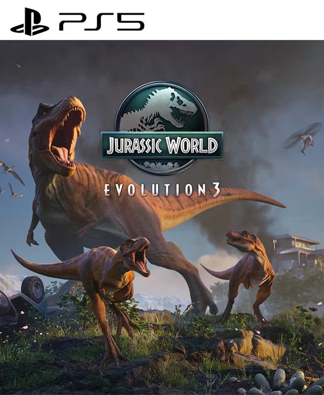 Dinosaurios juveniles y adultos en un recinto verde del parque temático. Logo de Jurassic World Evolution 3 PS5.