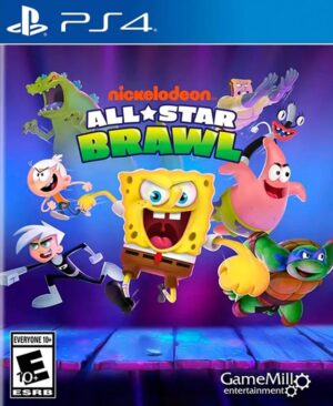 Imagen promocional del videojuego Nickelodeon All-Star Brawl mostrando a Bob Esponja y a Leonardo de las Tortugas Ninja enfrentándose en una arena de batalla tematizada de Nickelodeon.