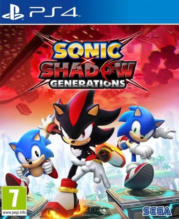 magen promocional del videojuego Sonic X Shadow Generations mostrando a Shadow the Hedgehog en primer plano usando su poder Chaos Control, junto a las versiones Clásica y Moderna de Sonic the Hedgehog en un escenario de colores distorsionados.