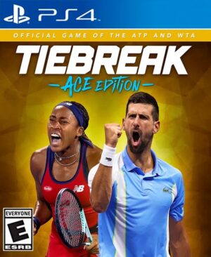 Imagen de la cancha de tenis del videojuego Tiebreak: Official game of the ATP and WTA con las figuras de los tenistas profesionales Novak Djokovic y Carlos Alcaraz preparándose para sacar en una pista dura.