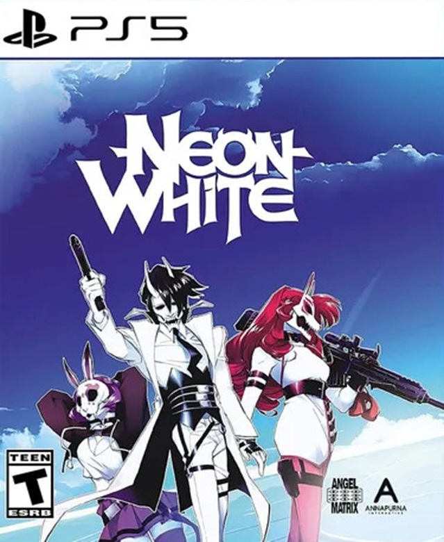 Arte del juego con el protagonista, Neon White, y los otros Neons con la estética anime.