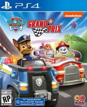 Captura de Paw Patrol Grand Prix PS4 mostrando a los cachorros Chase, Skye y Marshall en sus karts corriendo en la pista de Bahía Aventura. Juego de carreras para 4 jugadores.