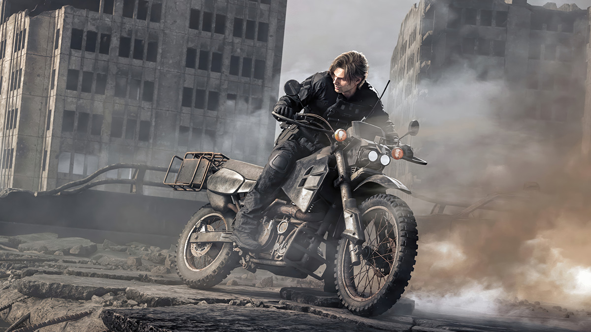 Leon en moto entre ruinas